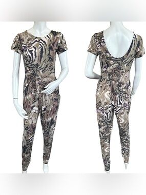 Vintage 80s Green Brown Cream Tiger Animal Print Short Sleeve Jumpsuit Size 9